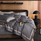 Karine Pewter Grey Modern Stripe Border Egyptian Cotton Bedding Set