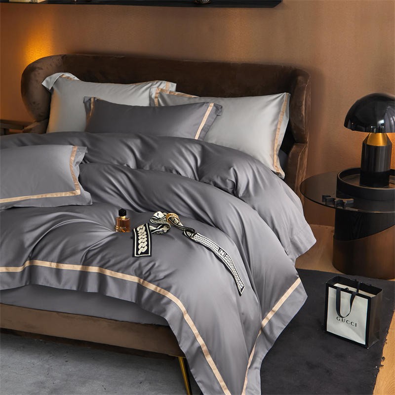 Karine Pewter Grey Modern Stripe Border Egyptian Cotton Bedding Set
