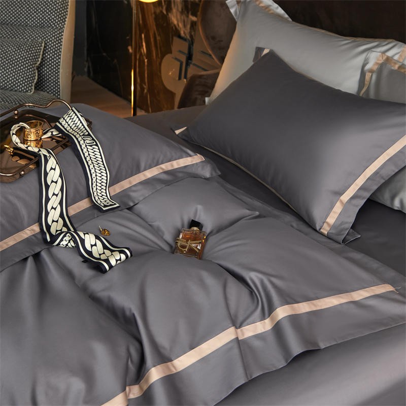 Karine Pewter Grey Modern Stripe Border Egyptian Cotton Bedding Set