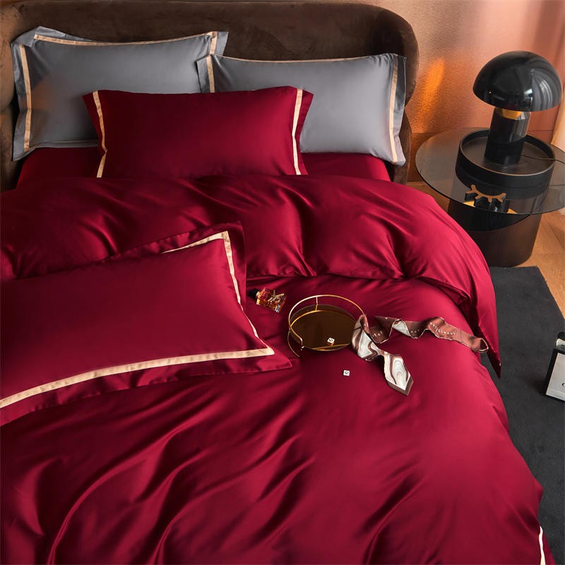 Karine Royal Burgundy Modern Stripe Border Egyptian Cotton Bedding Set