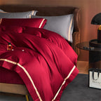 Karine Royal Burgundy Modern Stripe Border Egyptian Cotton Bedding Set