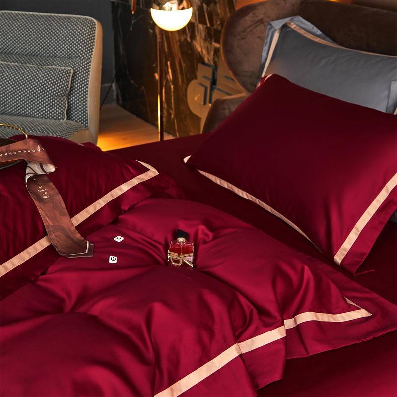 Karine Royal Burgundy Modern Stripe Border Egyptian Cotton Bedding Set