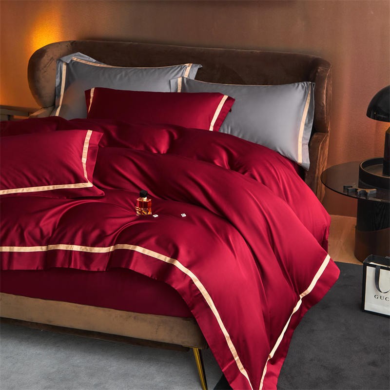 Karine Royal Burgundy Modern Stripe Border Egyptian Cotton Bedding Set