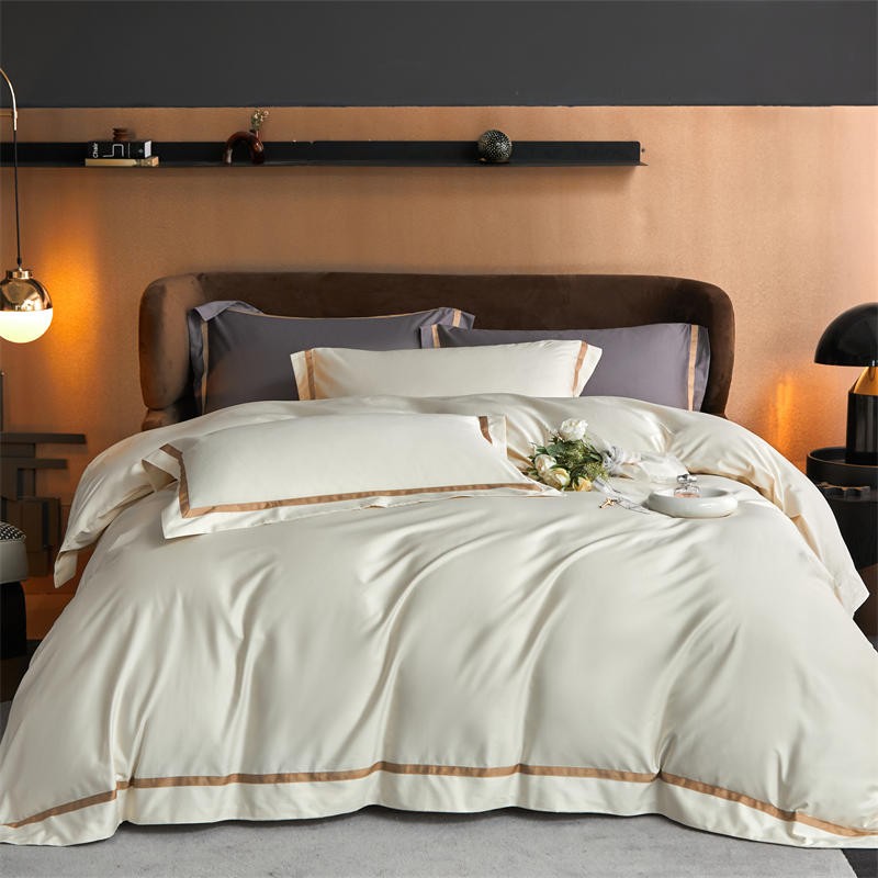Karine Alabaster Ivory Modern Stripe Border Egyptian Cotton Bedding Set
