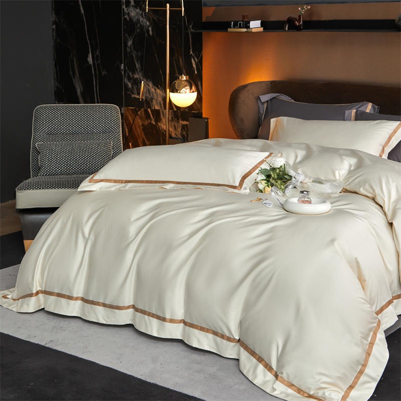 Karine Alabaster Ivory Modern Stripe Border Egyptian Cotton Bedding Set