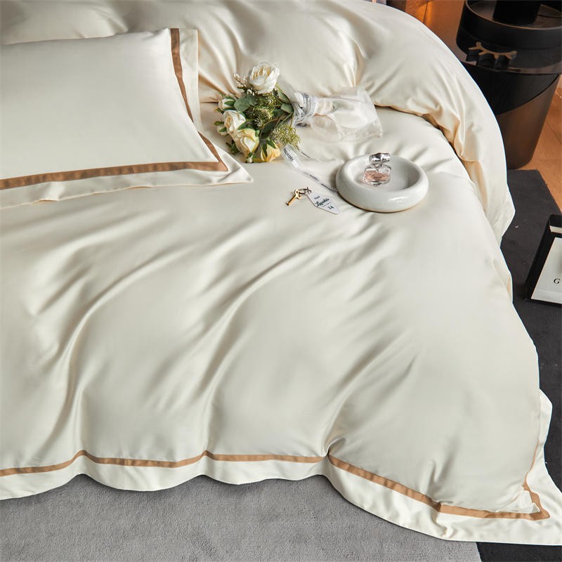 Karine Alabaster Ivory Modern Stripe Border Egyptian Cotton Bedding Set