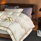 Karine Alabaster Ivory Modern Stripe Border Egyptian Cotton Bedding Set