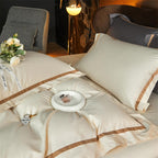 Karine Alabaster Ivory Modern Stripe Border Egyptian Cotton Bedding Set