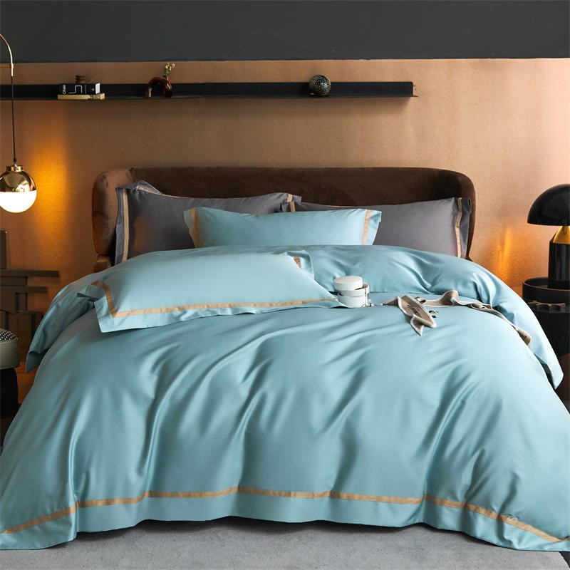 Karine Seafoam Blue Modern Stripe Border Egyptian Cotton Bedding Set
