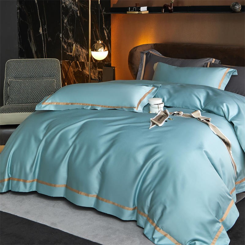 Karine Seafoam Blue Modern Stripe Border Egyptian Cotton Bedding Set