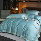 Karine Seafoam Blue Modern Stripe Border Egyptian Cotton Bedding Set