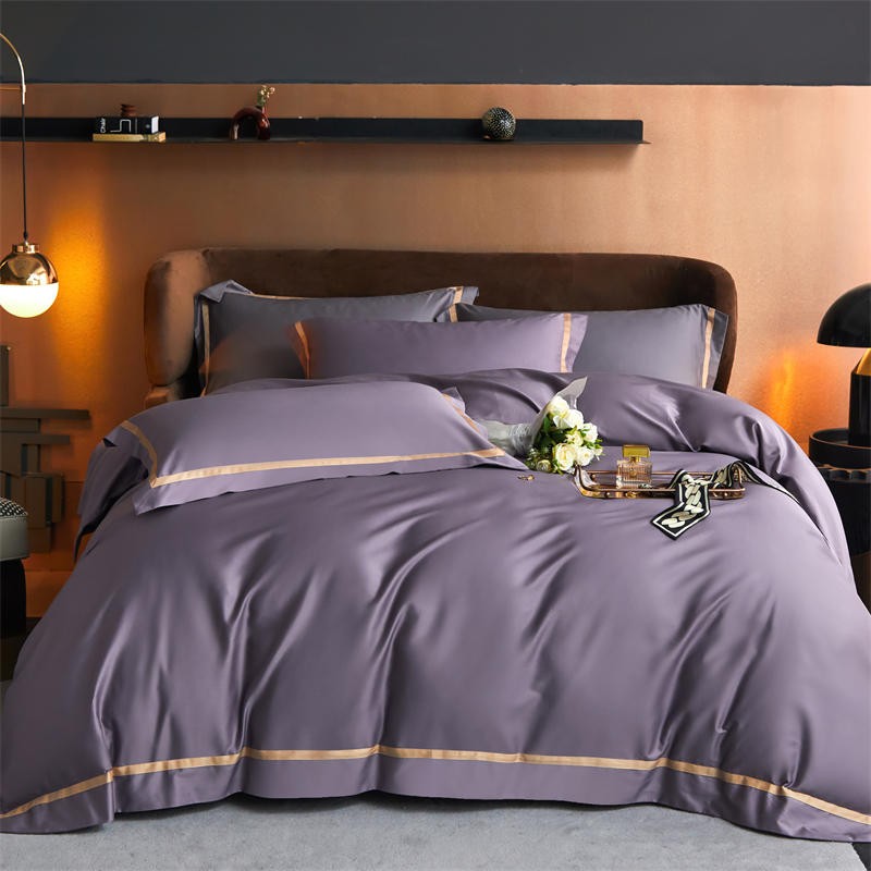 Karine Smoky Lavender Modern Stripe Border Egyptian Cotton Bedding Set