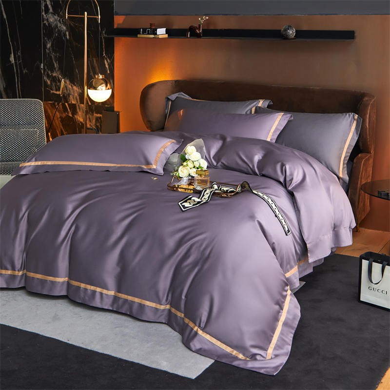 Karine Smoky Lavender Modern Stripe Border Egyptian Cotton Bedding Set