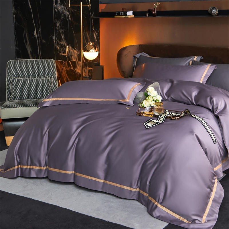 Karine Smoky Lavender Modern Stripe Border Egyptian Cotton Bedding Set
