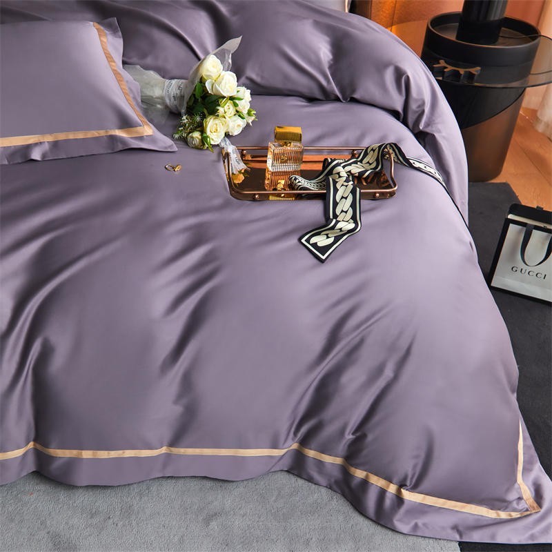 Karine Smoky Lavender Modern Stripe Border Egyptian Cotton Bedding Set