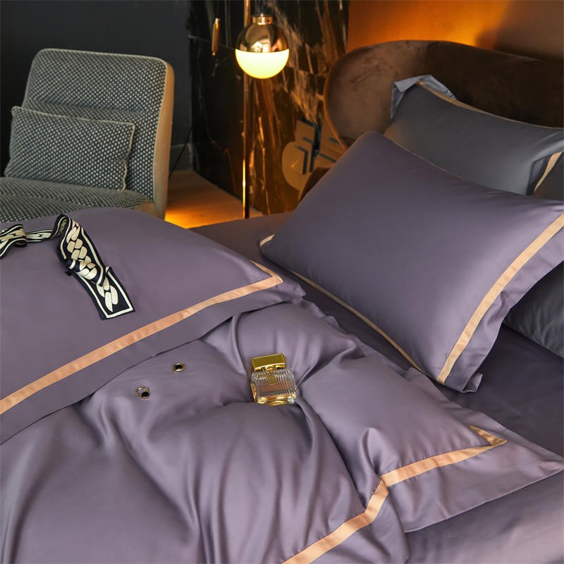 Karine Smoky Lavender Modern Stripe Border Egyptian Cotton Bedding Set