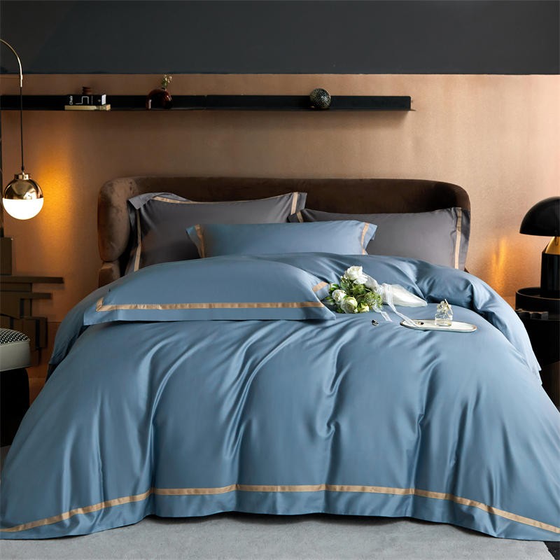 Karine Brittany Blue Modern Stripe Border Egyptian Cotton Bedding Set