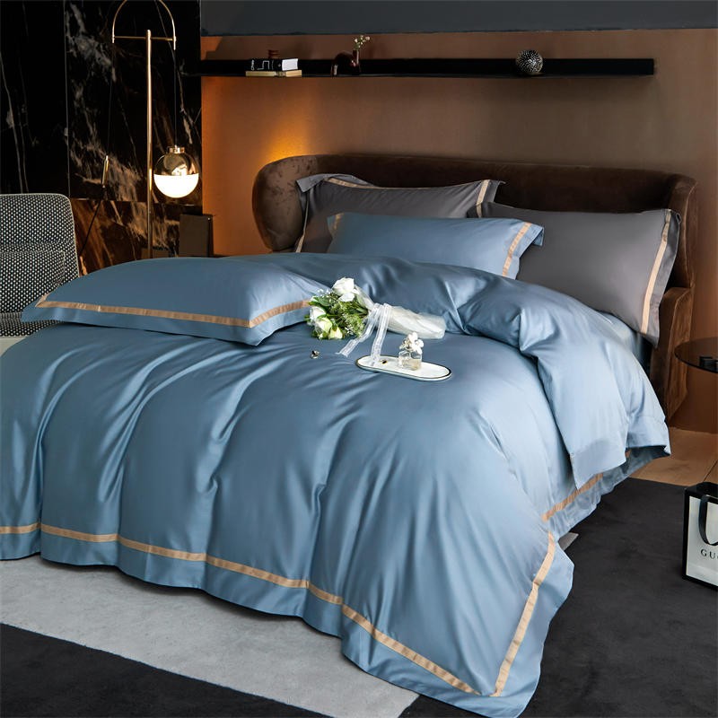 Karine Brittany Blue Modern Stripe Border Egyptian Cotton Bedding Set