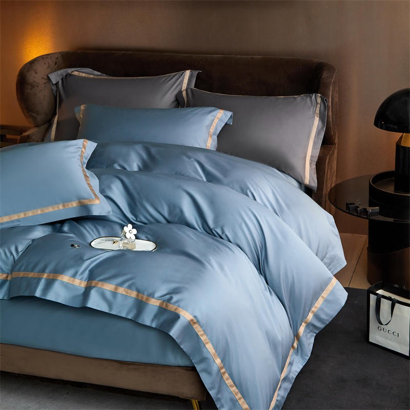 Karine Brittany Blue Modern Stripe Border Egyptian Cotton Bedding Set