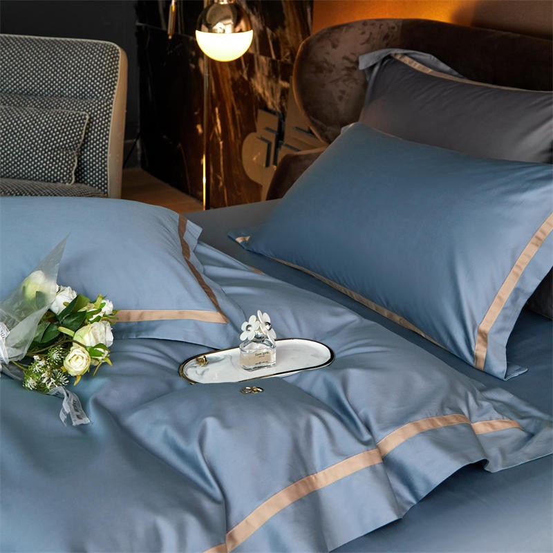 Karine Brittany Blue Modern Stripe Border Egyptian Cotton Bedding Set