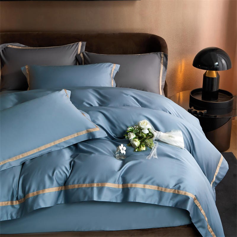 Karine Brittany Blue Modern Stripe Border Egyptian Cotton Bedding Set