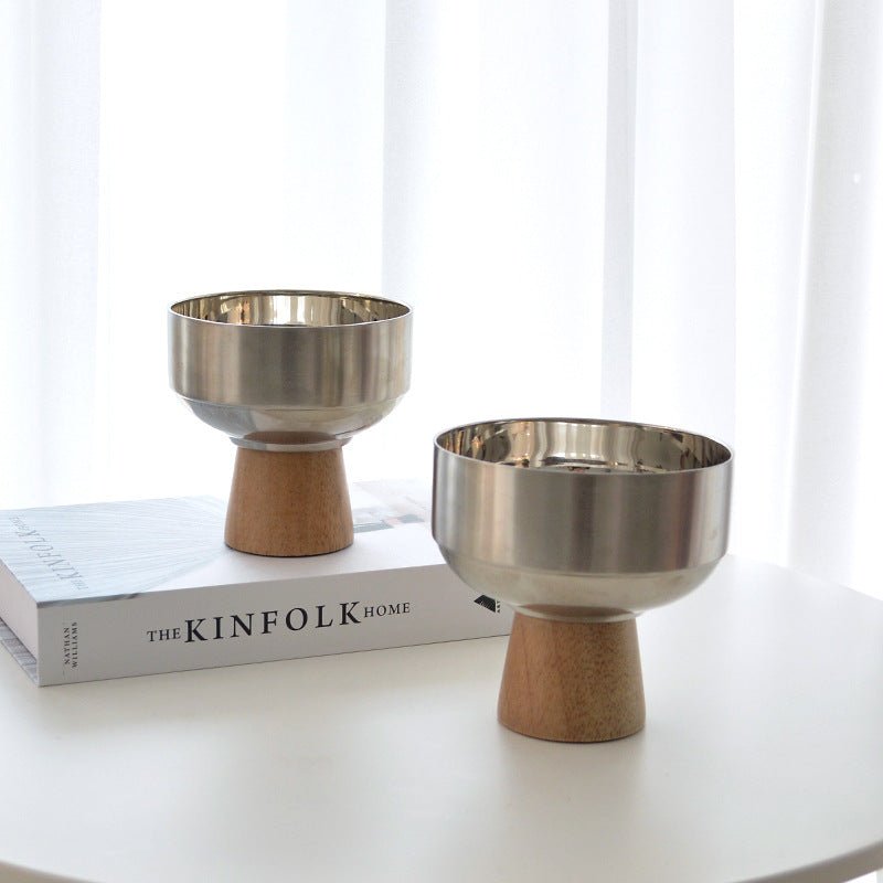 Round Stainless Tray with Solid Wood Base