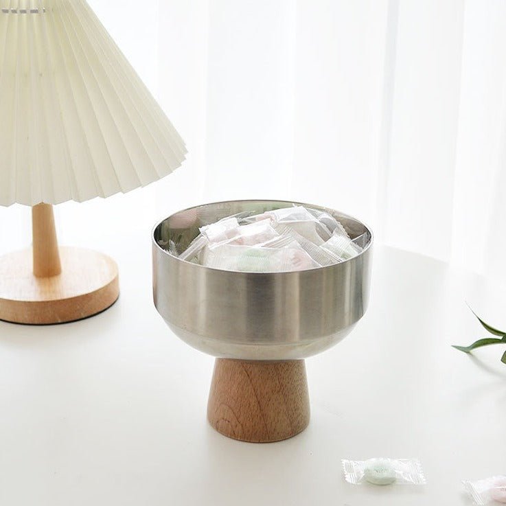 Round Stainless Tray with Solid Wood Base