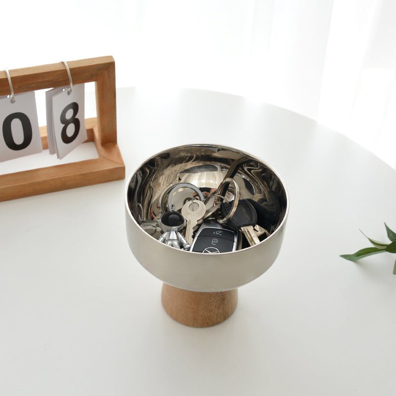 Round Stainless Tray with Solid Wood Base
