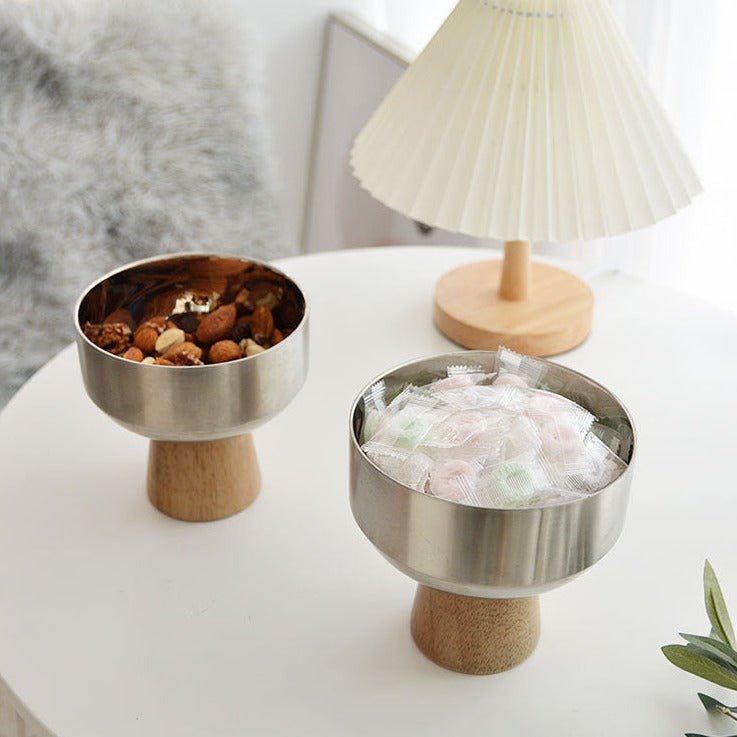 Round Stainless Tray with Solid Wood Base