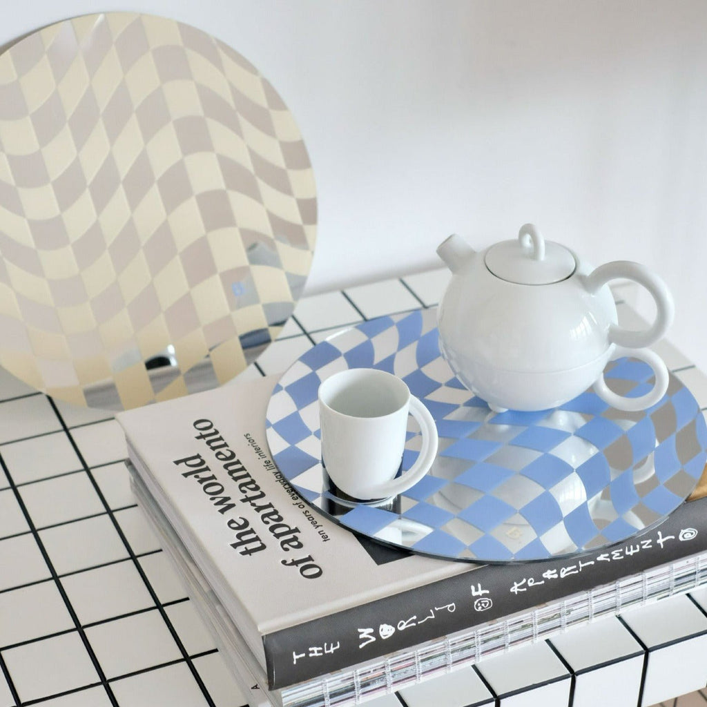 Round Wavy Checkerboard Mirror Acrylic Tray