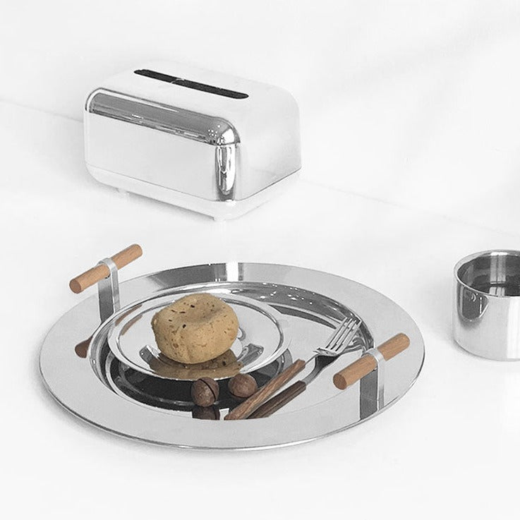 Stainless Steel Round Serving Tray with Wooden Handles