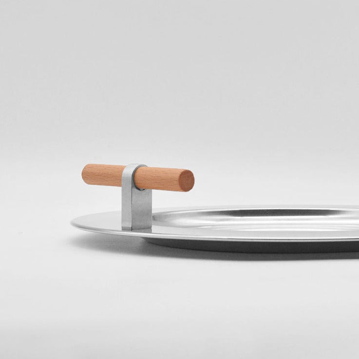 Stainless Steel Round Serving Tray with Wooden Handles