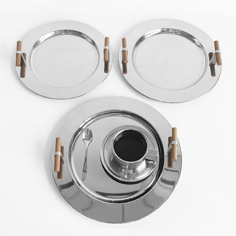 Stainless Steel Round Serving Tray with Wooden Handles