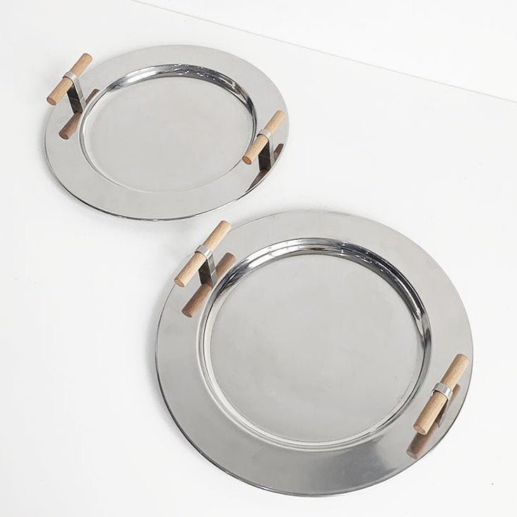 Stainless Steel Round Serving Tray with Wooden Handles
