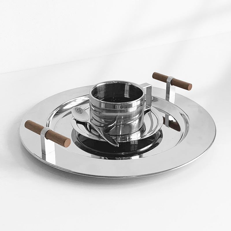 Stainless Steel Round Serving Tray with Wooden Handles