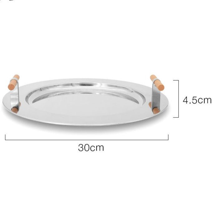 Stainless Steel Round Serving Tray with Wooden Handles