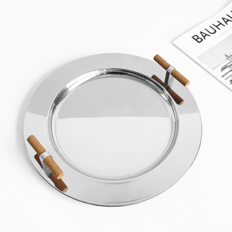 Stainless Steel Round Serving Tray with Wooden Handles