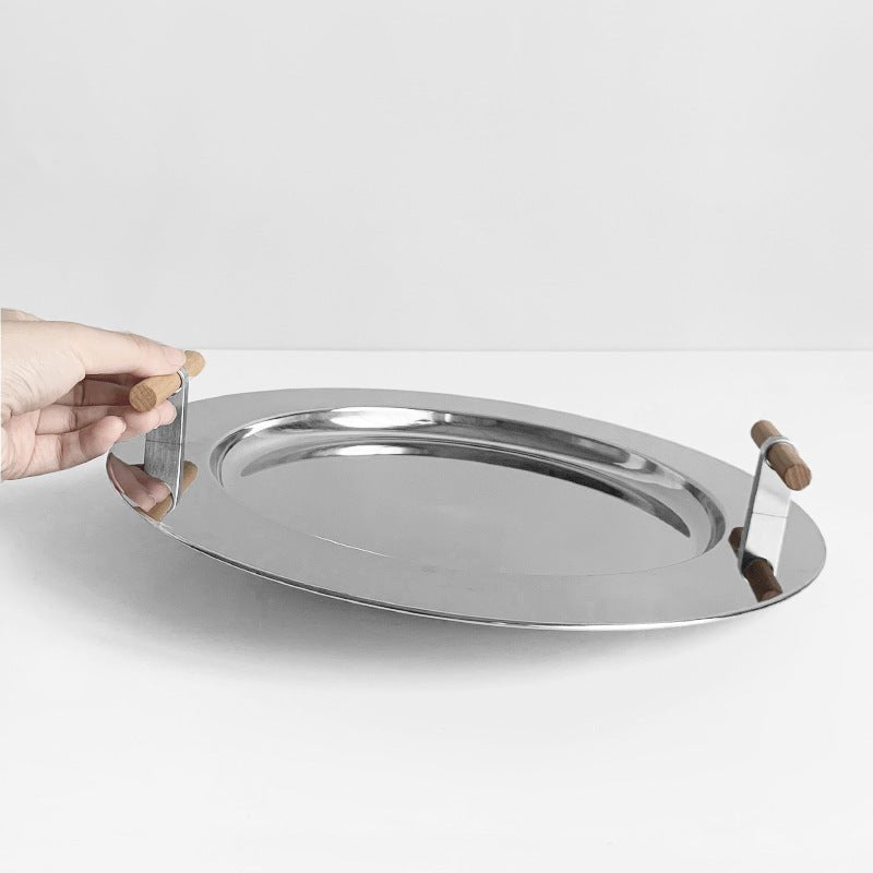 Stainless Steel Round Serving Tray with Wooden Handles