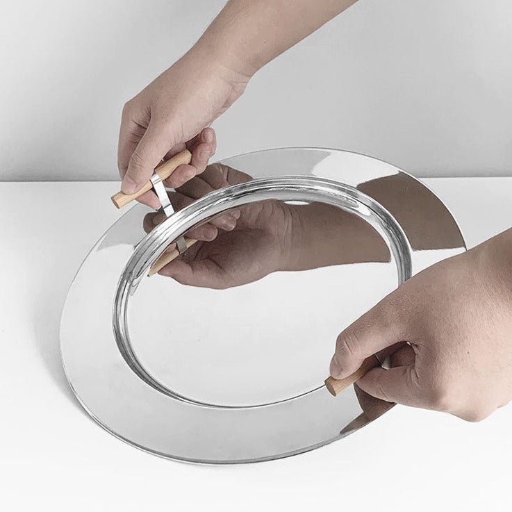Stainless Steel Round Serving Tray with Wooden Handles