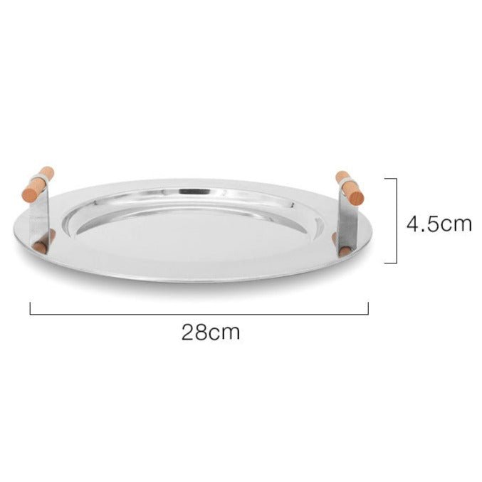 Stainless Steel Round Serving Tray with Wooden Handles
