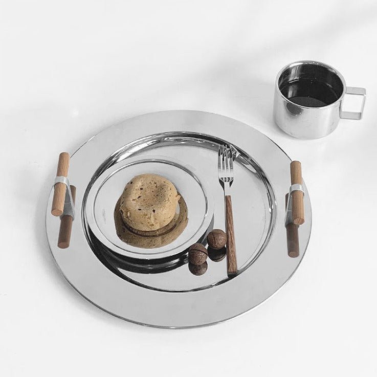 Stainless Steel Round Serving Tray with Wooden Handles