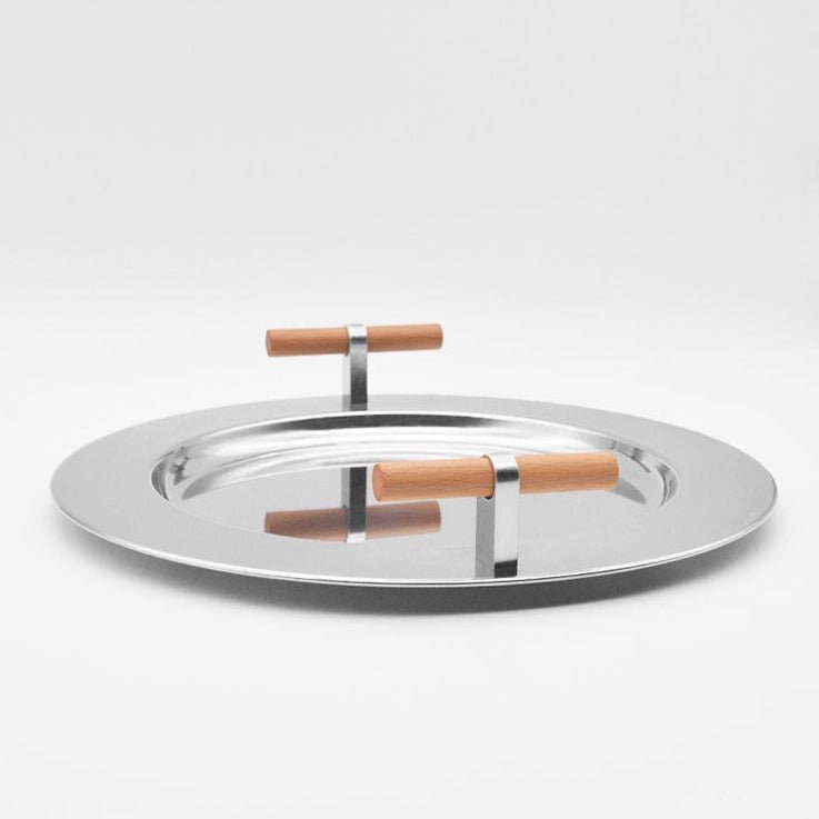 Stainless Steel Round Serving Tray with Wooden Handles