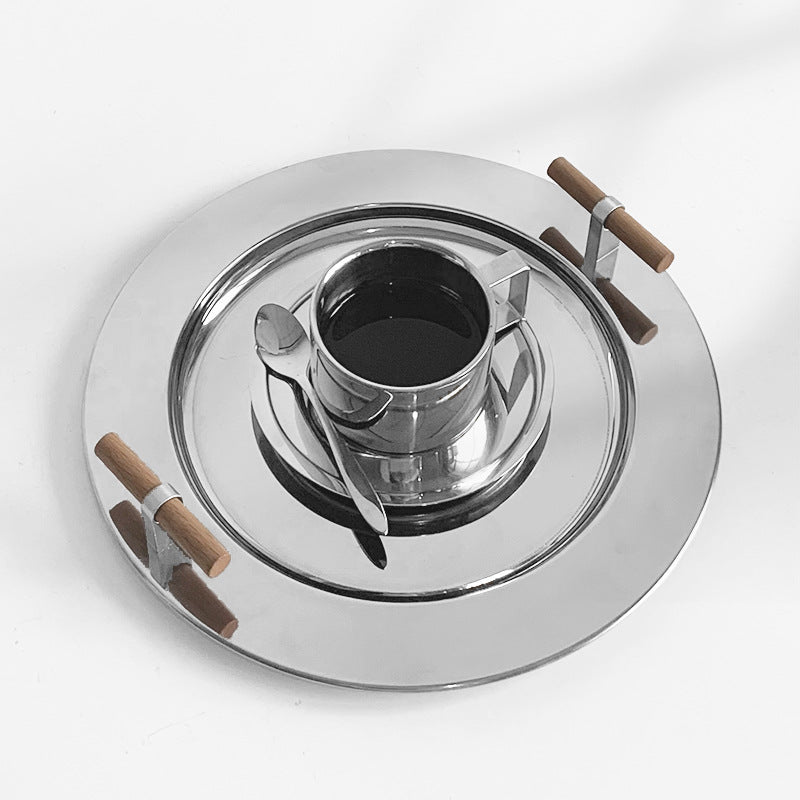 Stainless Steel Round Serving Tray with Wooden Handles