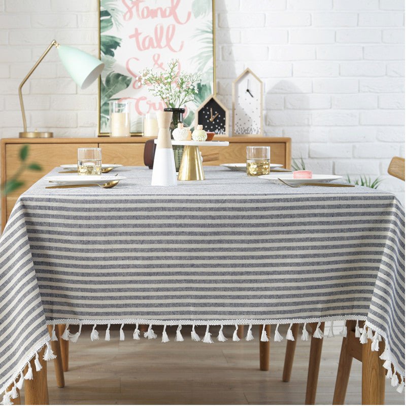 Blue Striped Tassel Table Cloth - FINAL SALE
