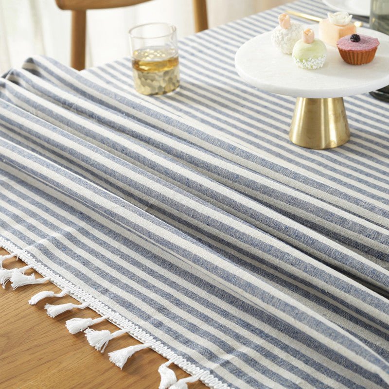 Blue Striped Tassel Table Cloth - FINAL SALE