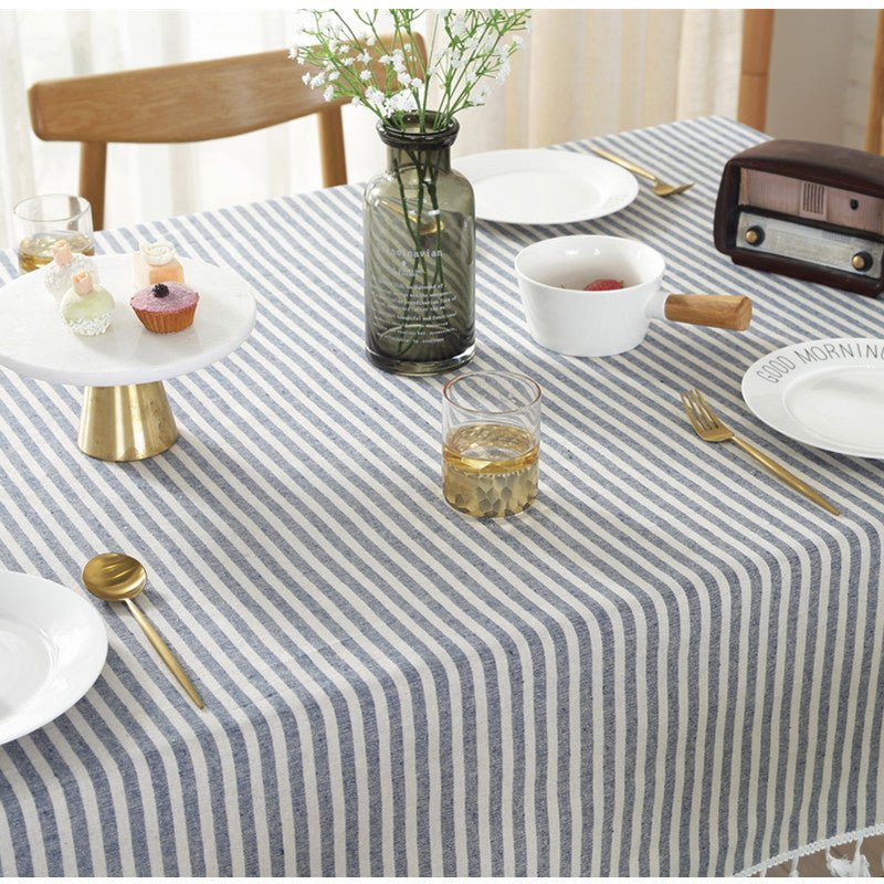 Blue Striped Tassel Table Cloth - FINAL SALE