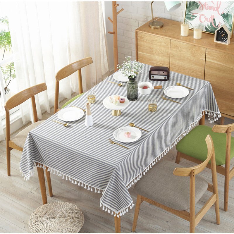 Blue Striped Tassel Table Cloth - FINAL SALE