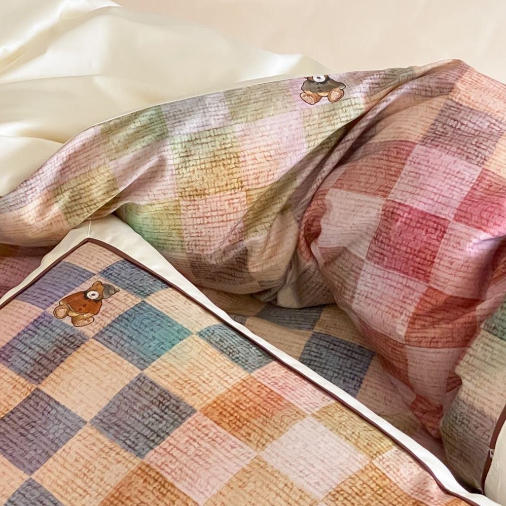 Teddy Rainbow Checker Bedding Set