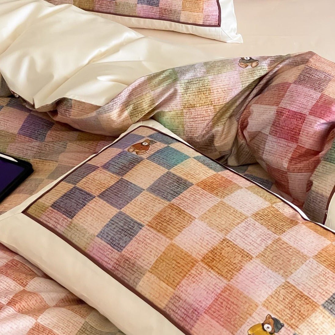 Teddy Rainbow Checker Bedding Set