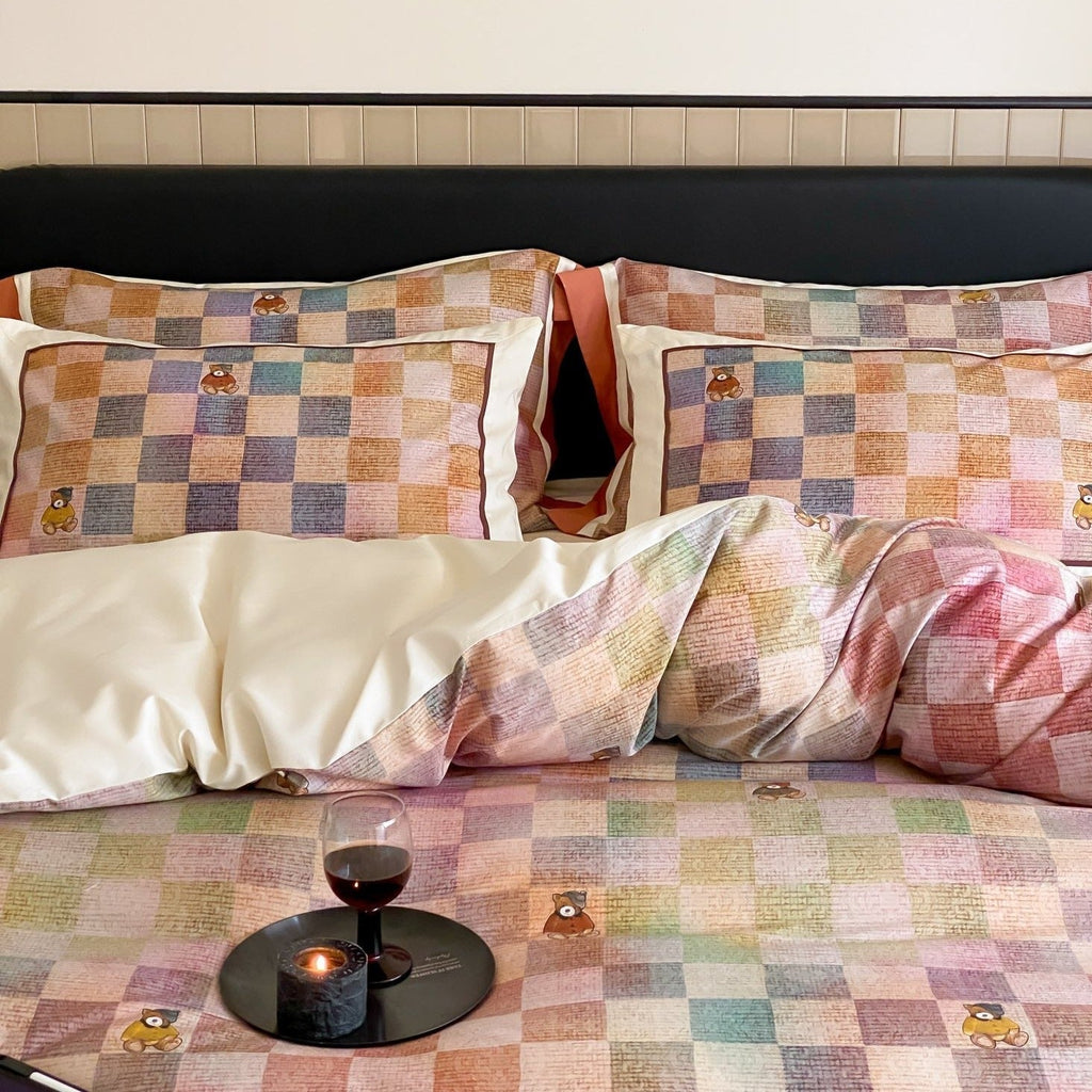Teddy Rainbow Checker Bedding Set
